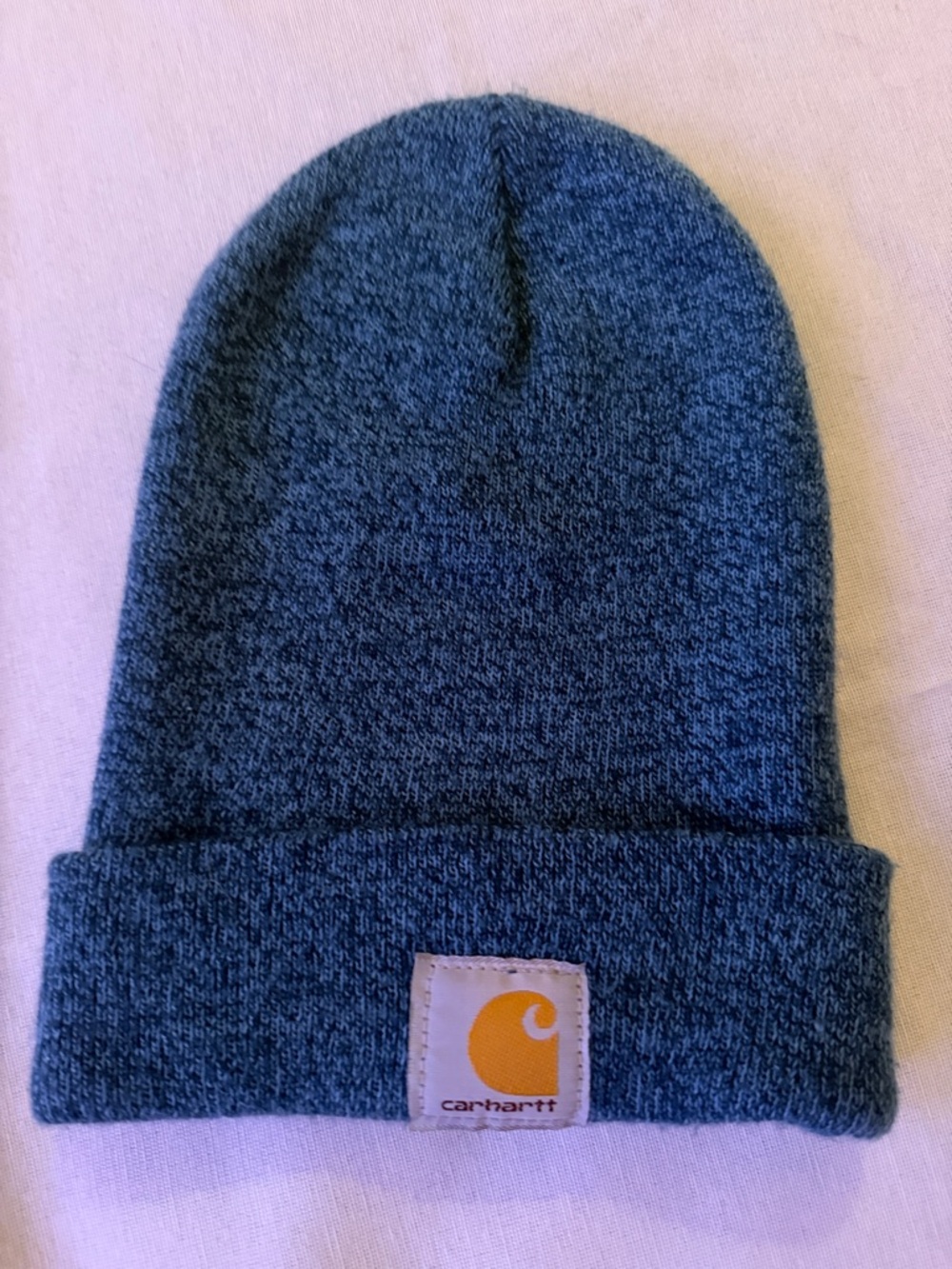 Carhartt Heathered Navy Blue Cuffed Beanie with Yellow Logo